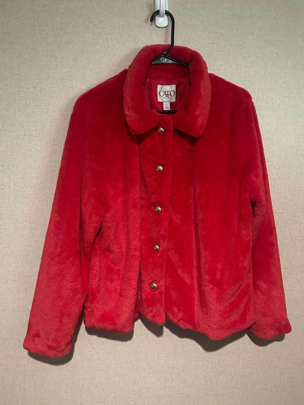 Cato Large Bright Red Plush Holiday Faux-Fur Button Jacket